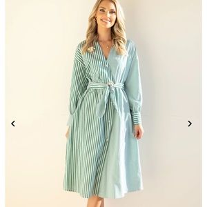 Green and white striped midi dress